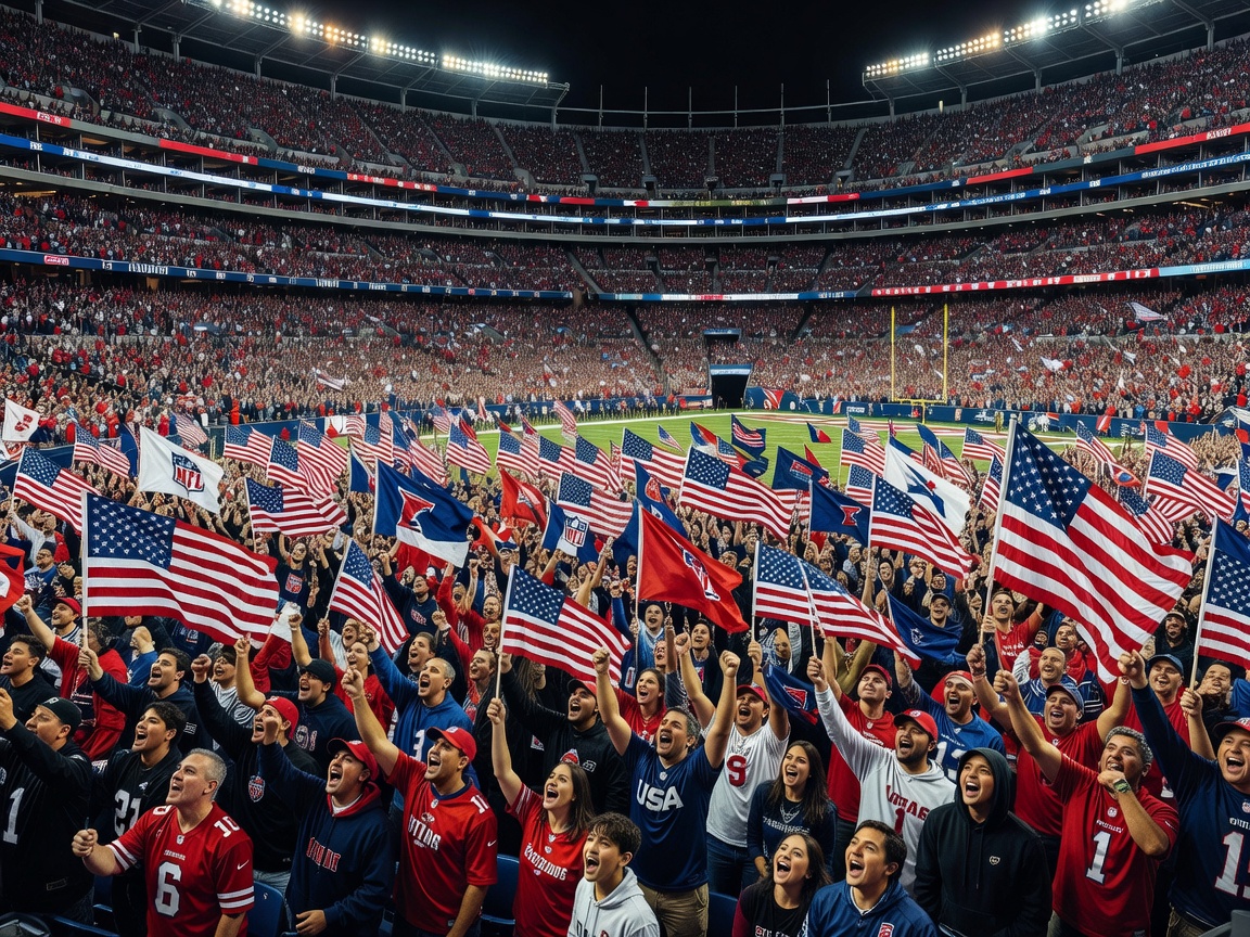 American football fans waving flags in a massive stadium
